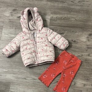 Old Navy Pink Frost Free Floral Jacket and Red Pants Set - size 6-12 months